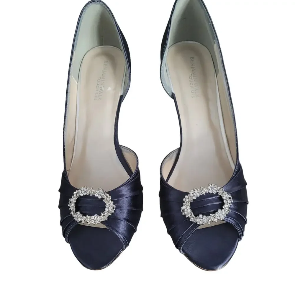 Benjamin Walk Women's Peep Toe Blue Satin Dress Casual Heels w/ Rhinestone Sz 10